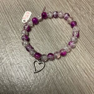 Purple and Clear Beaded Bracelet with Heart Charm